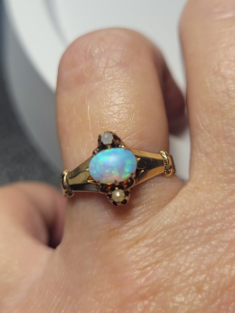 Opal Gold Antique Ring Seed Pearls Victorian October Birthstone 10k
